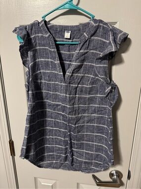 Old Navy Navy and White Striped Short Sleeve V-Neck Top
